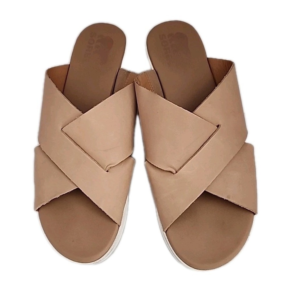 Sorel Cameron Sandal Beige Leather Slide Women's 9.5 Platform Chunky Wedge - Picture 4 of 9